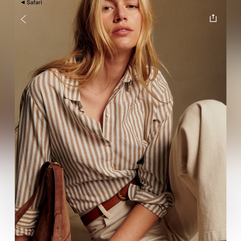 Sezane Tomboy Button-Down Shirt in Ecru with Camel Stripes - Size 44 (US 12)